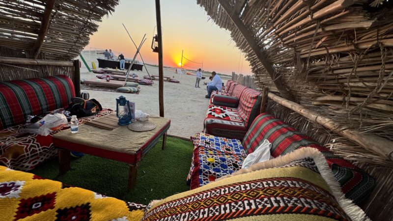 Eco-friendly Bedouin-style seating area at AquaSports Eco Camp, Purple Island Al Thakira Qatar
